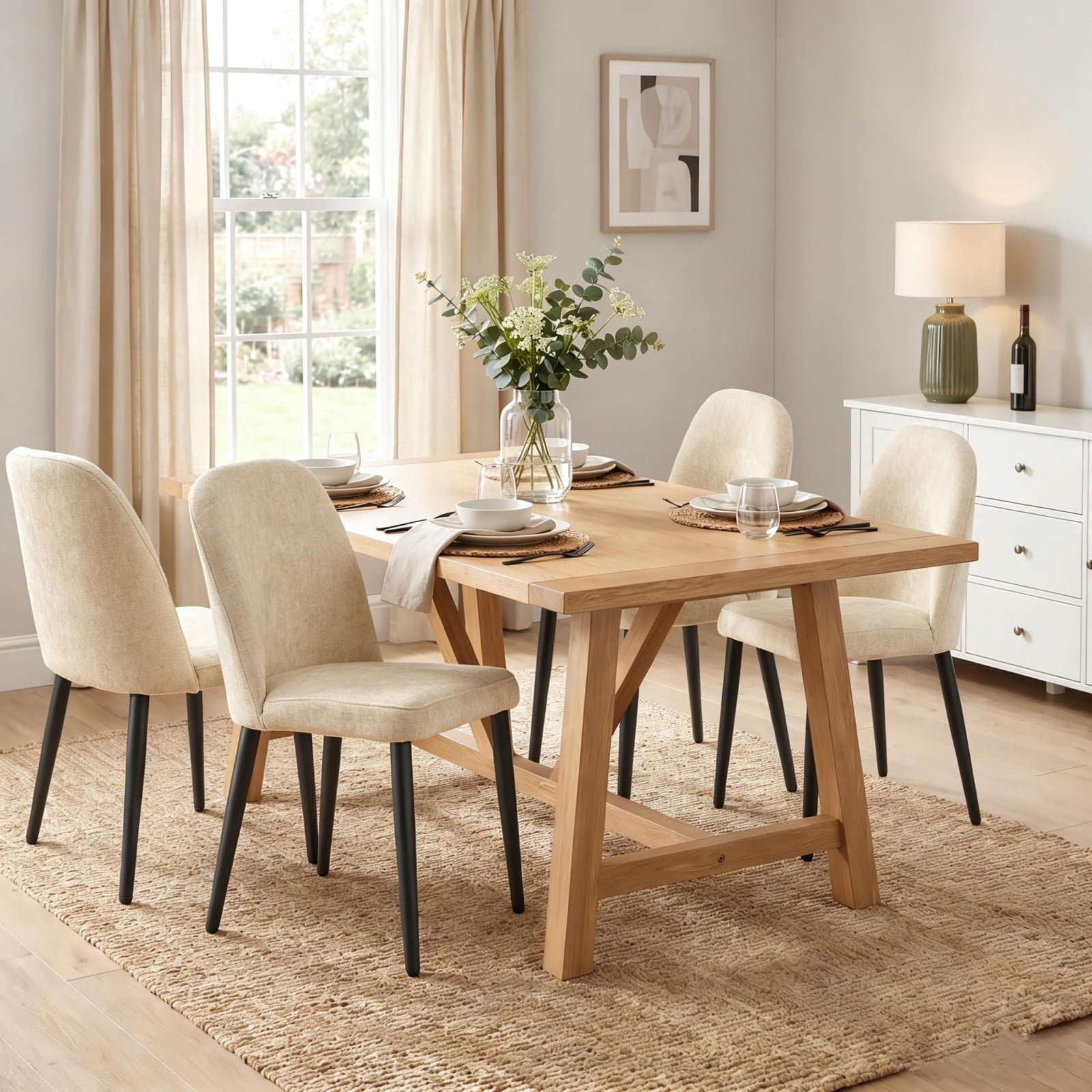 Fabric Dining Chairs Set of 4, Beige Upholstered Kitchen Chairs with Ergonomic Backrest and Metal Legs, Modern Armless Side Chairs for Dining Room, Restaurant, Living Room & Meeting Room