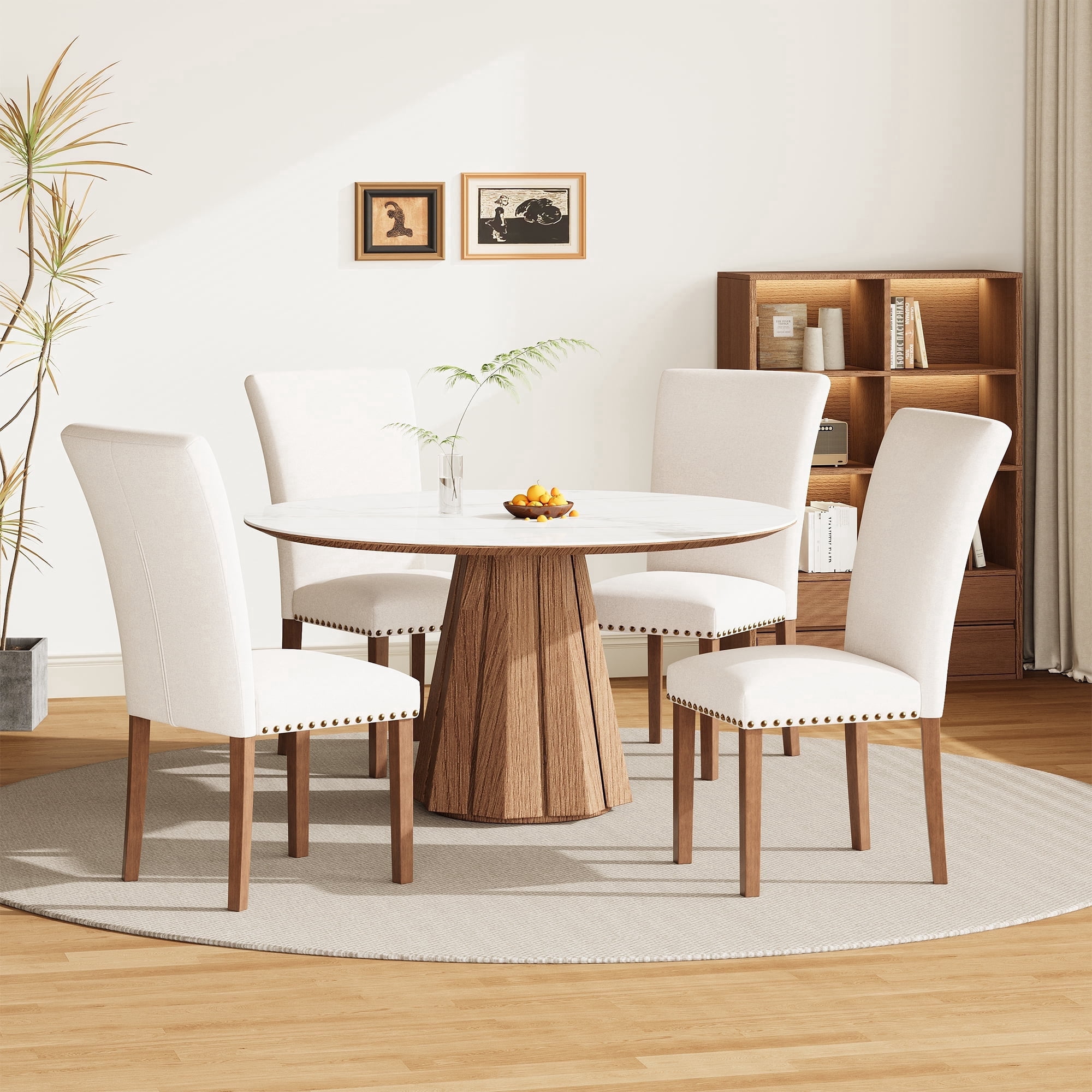 Mid-Century Fabric Dining Chairs with Nailhead Detail and Wooden Legs, Upholstered Side Chairs for Kitchen and Dining Room – Beige