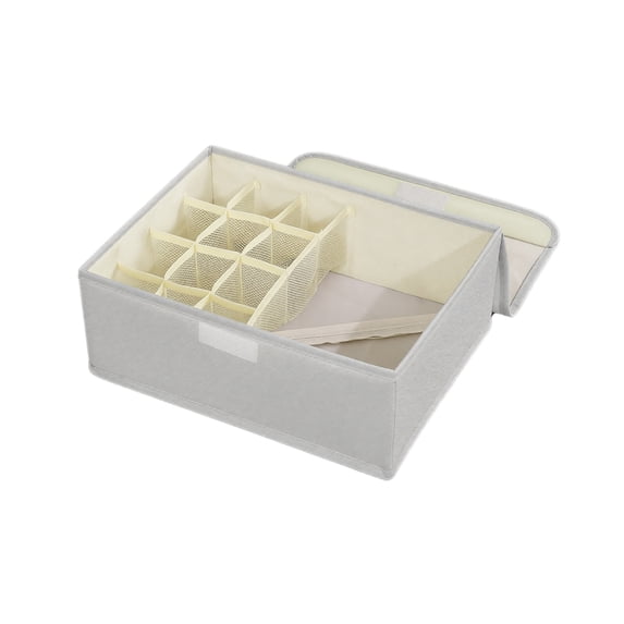 Fabric Divided Sock Underwear Drawer Organizer Box with Flip Lid, Multiple Grid Closet Storage Bin for Bra Lingerie Socks, Beige & Gray Two Colors