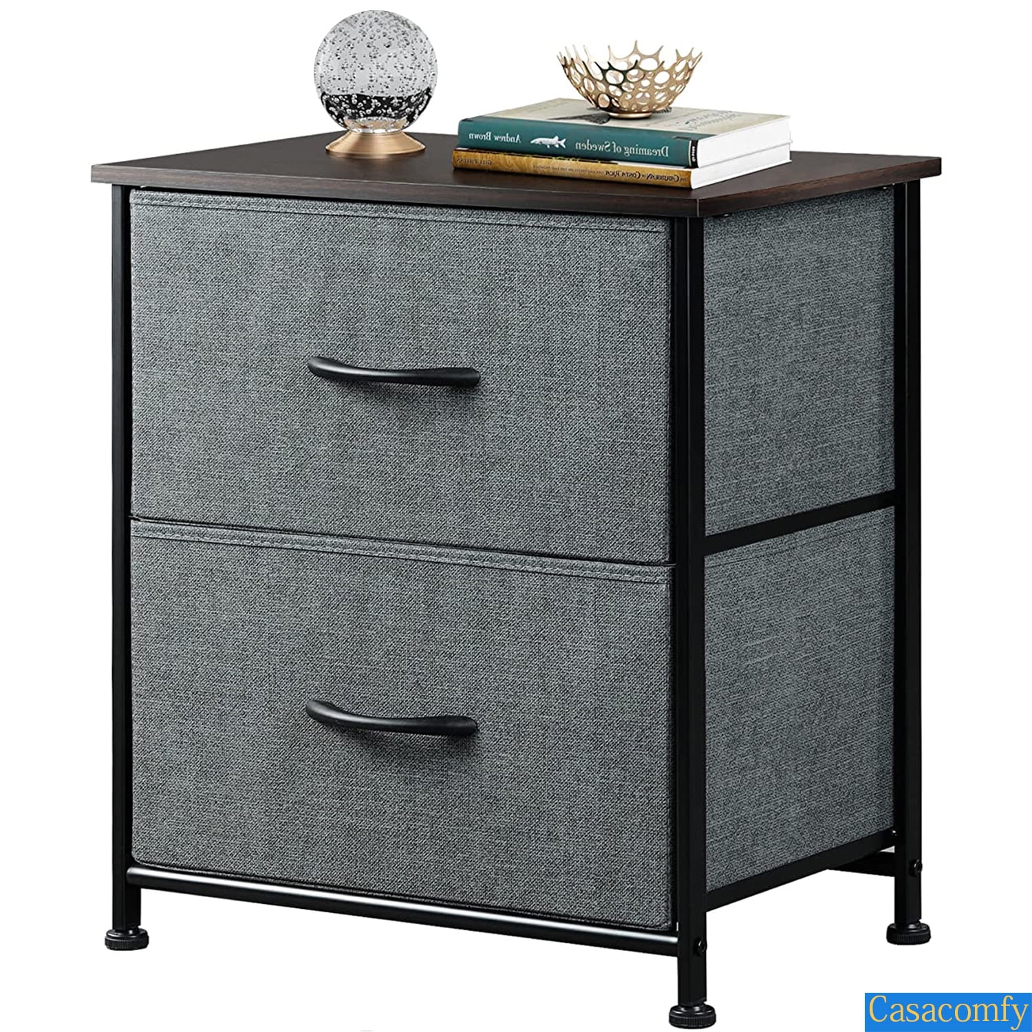 Fabric Drawers Metal Frame Nightstand, Black Steel Frame