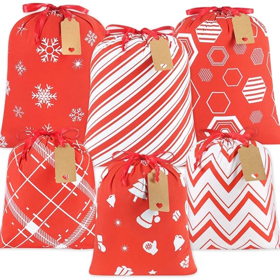 Fabric Drawstring Gift Bags Assorted, 6pcs Reusable Christmas Wrapping Sacks Cloth Pouches for Xmas Presents Party Favor