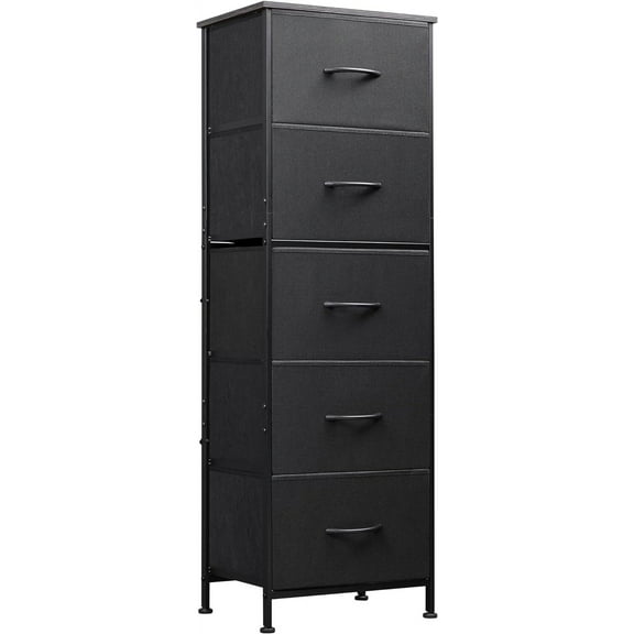 Fabric Dresser, 5-Drawer Tall Dresser for Bedroom, Storage Organizer with Fabric Bins, Wood Top, Sturdy Steel Frame, Chest of Drawers for Closet, Hallway, Charcoal Black