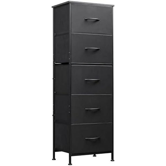 Fabric Dresser, 5-Drawer Tall Dresser for Bedroom, Storage Organizer with Fabric Bins, Wood Top, Sturdy Steel Frame, Chest of Drawers for Closet, Hallway, Charcoal Black