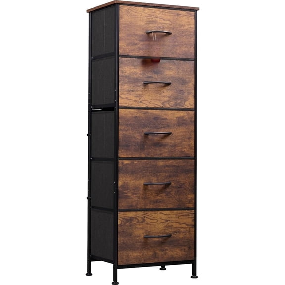 Fabric Dresser for Bedroom, 5-Drawer Tall Dressers, Storage Organizer with Fabric Bins, Wood Top, Sturdy Steel Frame, Chest of Drawers for Closet, Hallway, Rustic Brown Wood Grain Print