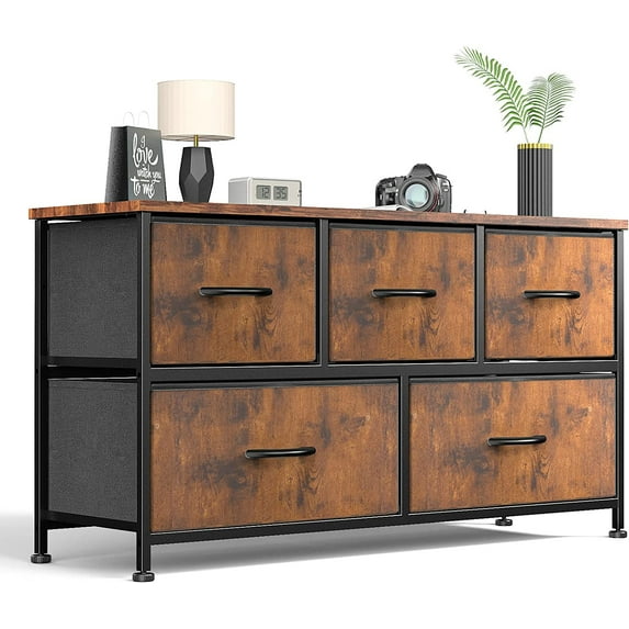 Fabric Dresser for Bedroom & Living Room with 5 Drawers,Furniture Storage Chest Tower Unit for Hallway, Closet & Office Organization-Steel Frame, Wood Top, Easy Pull Fabric Bins