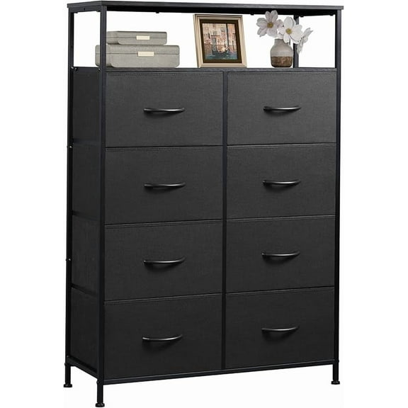 Fabric Dresser for Bedroom with Open Shelves, Tall Dresser with 8 Drawers, Storage Tower with Fabric Bins, Chest of Drawers for Closet, Living Room, Hallway, Charcoal Gray