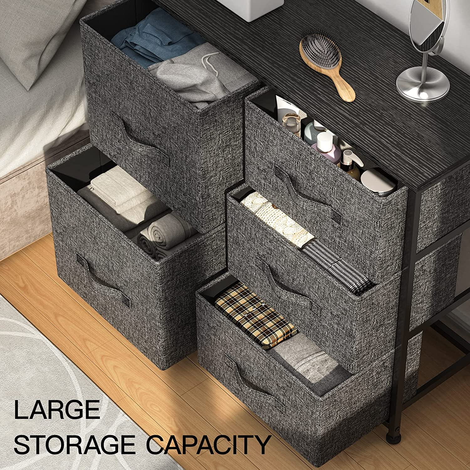 Fabric Dresser Tower with 5 Separate Drawers, Easy Pull Storage Cabinet  Closets with Wood Top, Organizer Unit for Bedroom, Hallway, Entryway,  Closets and Living Room 