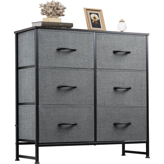 Fabric Dresser for Bedroom, 6 Drawer Double Dresser, Storage Tower with Fabric Bins, Chest of Drawers for Closet, Living Room, Hallway, Dark Grey