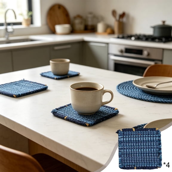 Fabric Drink Coasters, Handcrafted Cotton Woven Coasters for Table, Coastal Farmhouse Table Decor for Coffee Tea Cocktails, Absorbent Soft Desk Coasters for Kitchen Office, Housewarming Gift ,4 pcs