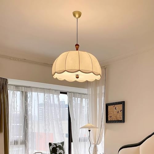 Fabric Drum Shade Pendant Light, Vintage Farmhouse Hanging Light Fixture Scalloped Ceiling Light, Mid Century Chandelier for Bedroom, Living Room, Dining Room, Hallway$$Tools & Hardware Other