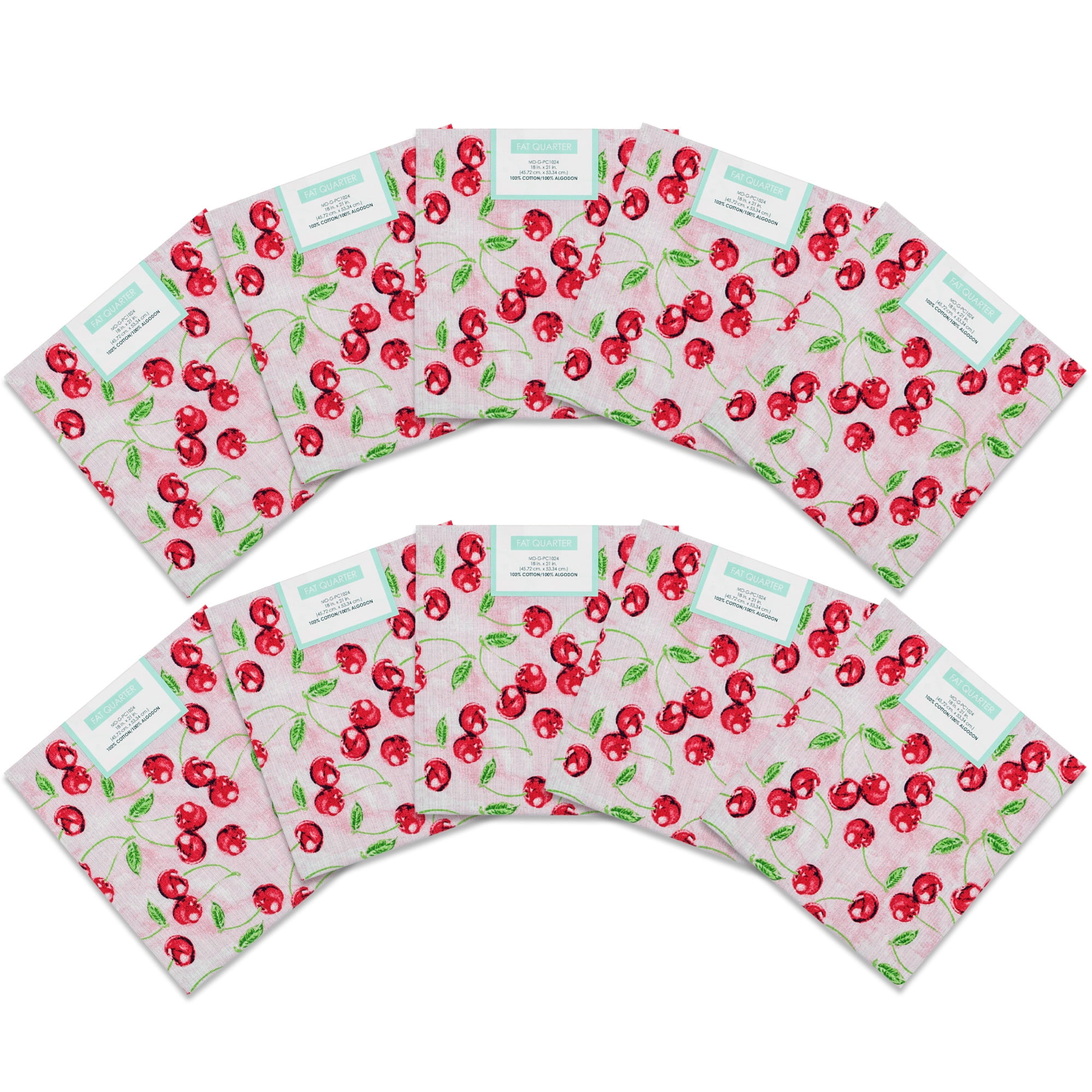 Fabric Editions 18" x 21" 100% Cotton Cherries Precut Sewing & Craft Fabric, Pink 10 Pieces