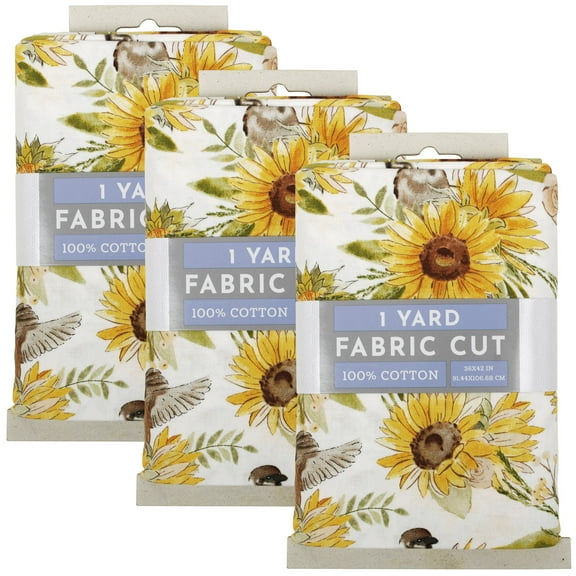 Fabric Editions 36" x 42" Cotton Sunflower Birds 1 Yard Precut Sewing & Craft Fabric, White 3 Pieces