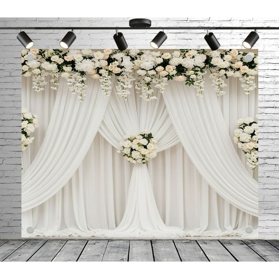 Fabric Elegant White Curtain & Floral Wedding Backdrop（Suitable for Wedding Decoration, Photoshoots, and Luxurious Romantic - Themed Events）Bridal Floral Fabric Banner