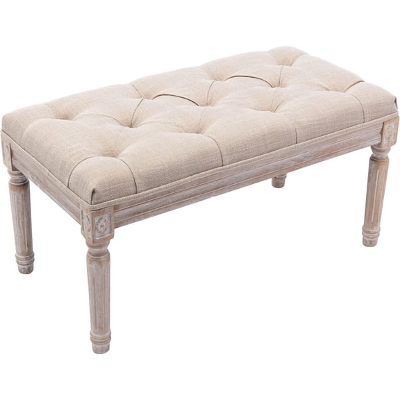 Fabric Entryway Bench with Button Tufted Seat and Rustic Wood Legs, Vintage Bedroom Bench End of Bed, Padded Extra Seating Bench for Living Room Office Studio Hallway, Beige