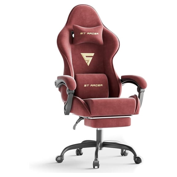 Fabric Ergonomic Gaming Chair with Footrest and Massage, High Back Reclining Computer Gamer Chair for Adult, Racing Style PC Video Game Chair Suitable for Home Office (Red)