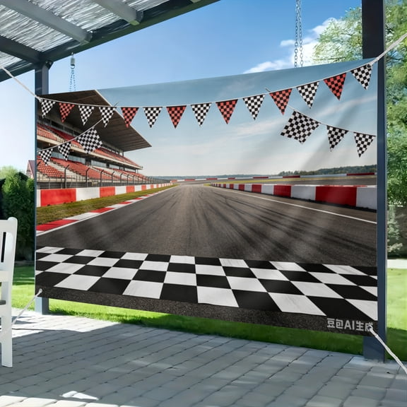 Fabric Finish Line Race Track Backdrop Racing Car Racetrack Backdrops for Photography Bleachers Motorsport Racing Sport Party Background Race Birthday Party Decorations Photo Booth Props