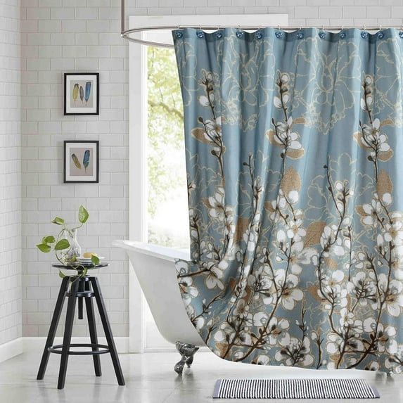Fabric Floral Shower Curtain, Blue Brown Plant Flower Shower Curtains for Bathroom, Decorative Waterproof Bathroom Curtains, 62" W x 72" H