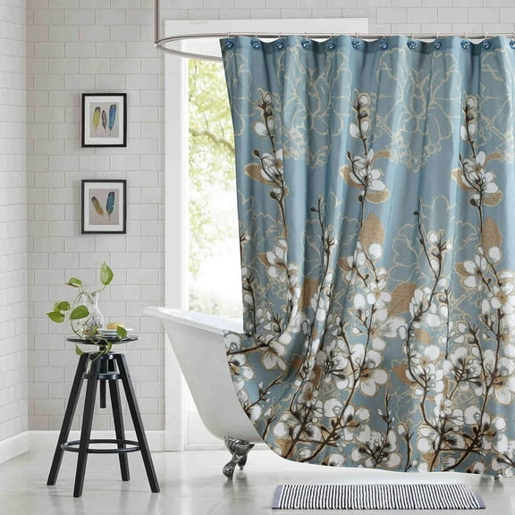 Fabric Floral Shower Curtain, Blue Brown Plant Flower Shower Curtains for Bathroom, Decorative Waterproof Bathroom Curtains, 62" W x 72" H