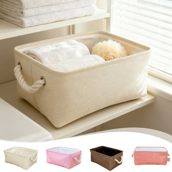 Fabric Foldable Storage Basket with Handles - Solid Color Desktop Clutter Organizer for Home Bedroom Living Room, Lightweight Durable Storage Box for Clothes Toys & Sundries, 14.57*9.84*6.69in, Beige