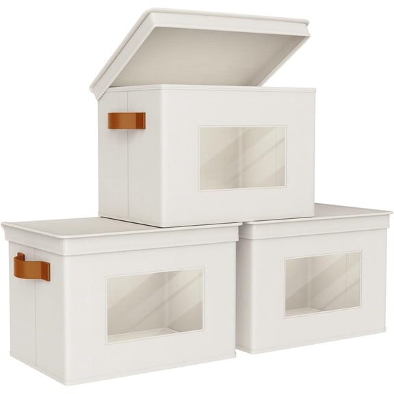 Fabric Foldable Storage Bin with Lid 17 in x 12 in x 12 in Beige 3-Pack