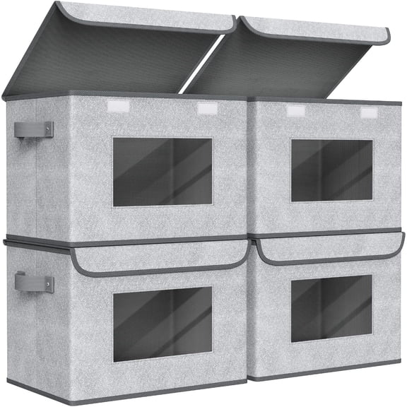 Fabric Foldable Storage Boxes [4-Pack] Large Collapsible Stackable Storage Bins with Lids, Closet Organizers and Storage Cube Basket for Home, Office, Bedroom (Gray, 17 x 12 x 12")