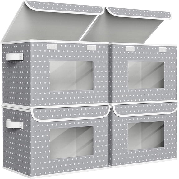 Fabric Foldable Storage Boxes [4-Pack] Large Collapsible Stackable Storage Bins with Lids, Closet Organizers and Storage Cube Basket for Home, Office, Bedroom (Gray Star, 17x 12 x 12)