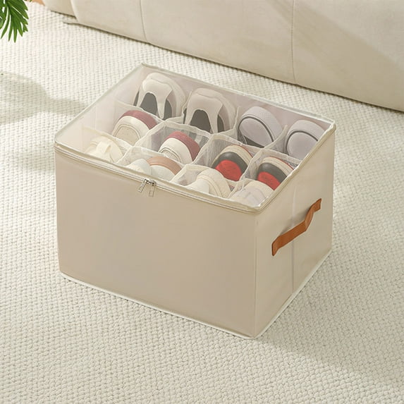 Fabric Folding Storage Box with Lid | Multi-Compartment Organizer for Underwear Socks & Small Clothing | 43x32x30cm Beige Gray Oxford Cloth | Space Saving Foldable Design for Wardrobe & Home Use