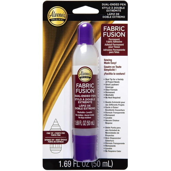 Fabric Fusion Glue 1.6 oz Dual-Ended Pen, Fine Tip & Sponge Tip, Nontoxic, Permanent and Washable Adhesive, Dries Flexible, Strong Bond on Fabrics, Clothing, Denim, Materials