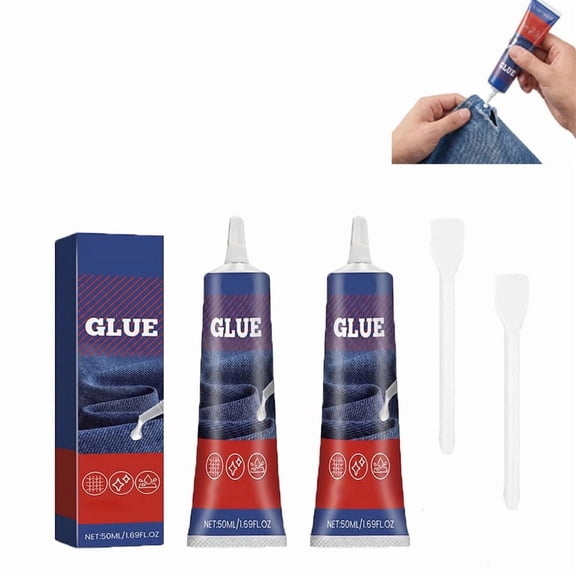 Fabric Glue Permanent, 50 ML Washable Clear Clothing Glue, for Rhinestones, Patches, Clothes, Denim, Leather, Polyester, Fabrics, Doll Repair, Flannel, Cotton (2pcs)