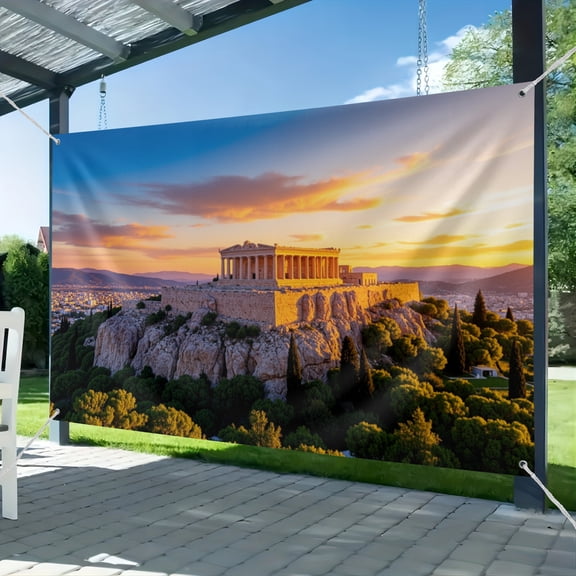 Fabric Greek Backdrop Acropolis of Athens Sunset Ancient Greece Parthenon Temple Ruin Site Buliding Photography Background for Mythology Birthday Theme Party Decorations Photo Booth Props