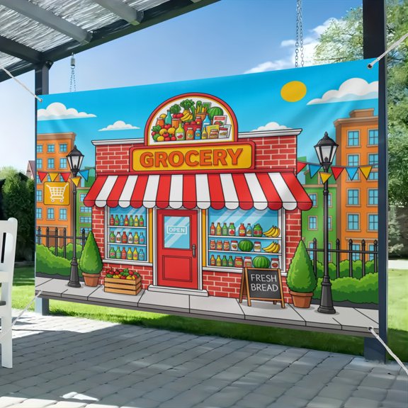 Fabric Grocery Store Backdrop for Kids Photography Small Cartoon Supermarket Glass Showcase Cityscape Background Kids Birthday Party Decorations Photo Studio Props