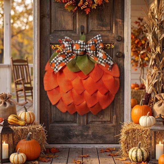Fabric Halloween Pumpkin, 16 Inch Halloween Pumpkin Decor with Black and White Checkered Decor Bow, Seasonal Fall Decor for Front Porch Wall and Door, White Accent Detail, 1 Pack