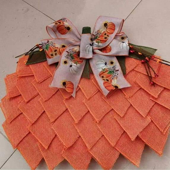 Fabric Halloween Wreath Fall Decor - 16 Inch Pumpkin Wreath for Front Door,Thanksgiving,Christmas,Indoor Outdoor Decor with Bows and Berries,Seasonal Home Decoration