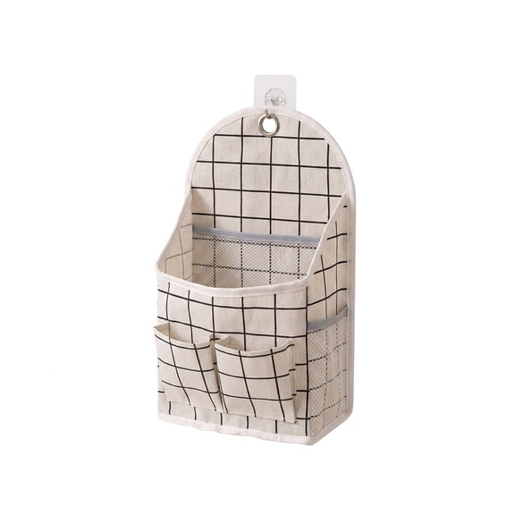 Fabric Hanging Organizer, Wall-Mounted Storage Pouch for Bedroom and Office, Multi-Compartment Bedside Caddy for Daily Essentials, Behind-the-Door Pouch- White squares