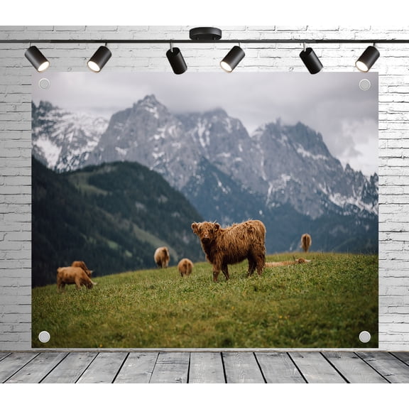 Fabric Highland Cattle Mountain Grassland Backdrop(Suitable for Home Decoration, Animal - Themed Photoshoots, and Nature Events)Animal Style Fabric Banner