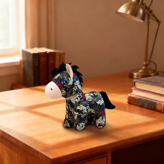 Fabric Horse Plush Toy with Traditional National Wind Patterns, Soft Stuffed Animal Doll Chinese Style Plush Decor & Handmade Cloth Craft Figurine 5.9 Inch Black