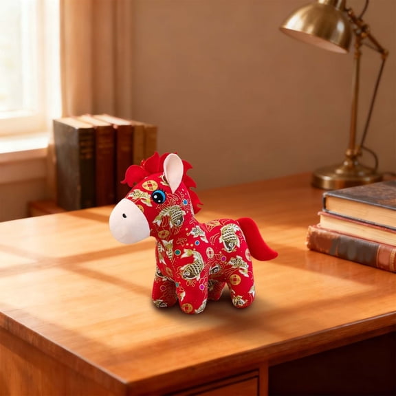 Fabric Horse Plush Toy with Traditional National Wind Patterns, Soft Stuffed Animal Doll Chinese Style Plush Decor & Handmade Cloth Craft Figurine 5.9 Inch Pink