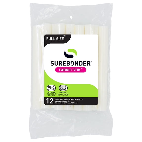 Surebonder Fabric Hot Glue Sticks, Full Size, 4-Inch, Machine Washable Adhesive for Denim, Felt, Leather, and More – Strong, Flexible Bond, 12 Pack, White