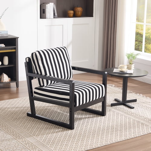 Fabric Lounge Chair,Mid-Century Modern,Single Sofa Chair with Armrests,Black and White Striped Upholstered Club Chair,Solid Wood Frame,for Living Room Bedroom Study Office,Black White
