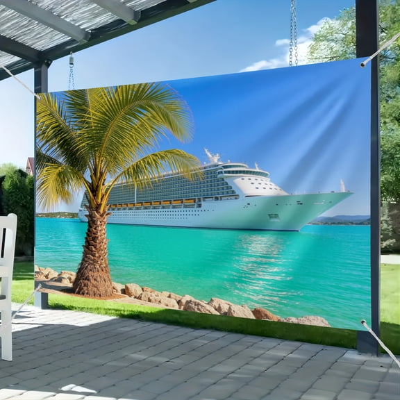 Fabric Luxury Cruise Ship Backdrop Tropical Ocean Port Palm Tree Caribbean Sea Cruise Photography Background for Ship Party Decorations Photo Studio Props