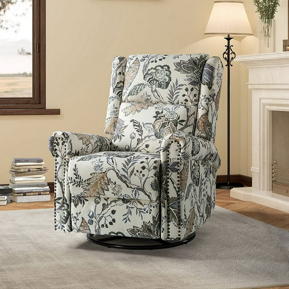 Fabric Manual Swivel Recliner Nursery Armchair Nailhead Trims Bedroom Home Living Room Jeacobean