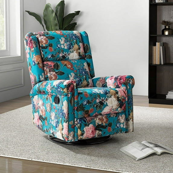 Fabric Manual Swivel Recliner Nursery Armchair Nailhead Trims Bedroom Home Living Room Peacock