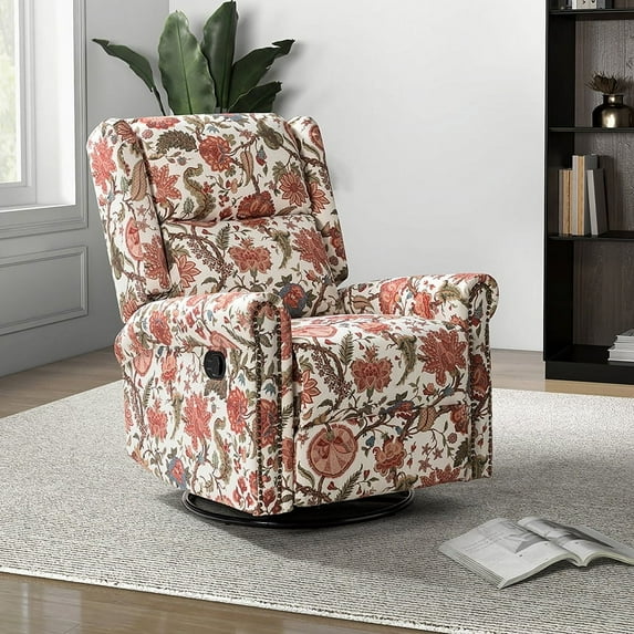 Fabric Manual Swivel Recliner Nursery Armchair Nailhead Trims Bedroom Home Living Room Red