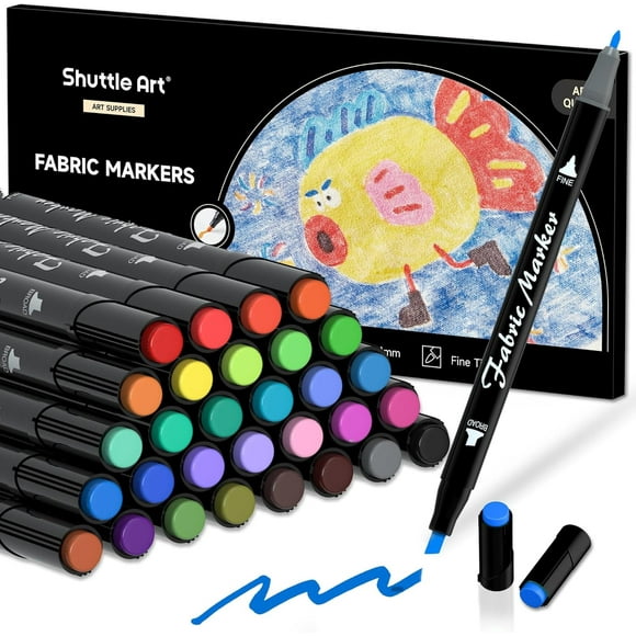 Fabric Markers Pens, Shuttle Art 30 Colors Dual Tip Fabric Markers Permanent No Bleed Markers for T-Shirts Sneakers, Non-Toxic Permanent Fabric Pens for Adult Painting