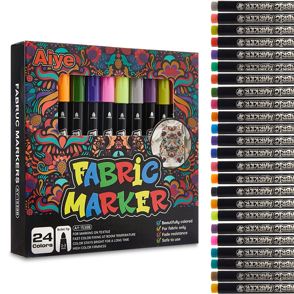 Fabric Markers Permanent for Clothes, 24 Colors Fine Tips Paint Pens for Clothing Canvas Tote Bags T-Shirt and Shoes