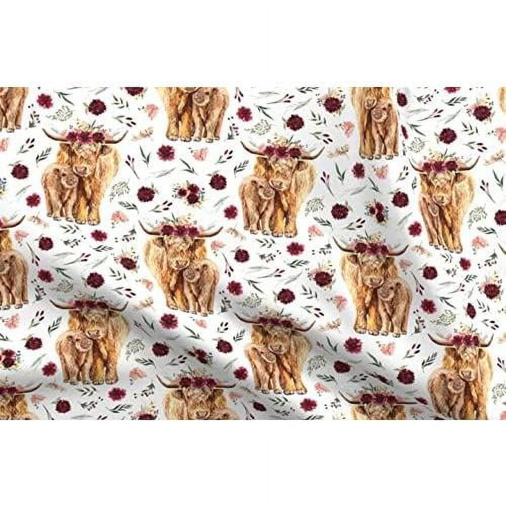 Fabric - Maroon Floral Highland Cow Cows Scottish Printed On Petal ...