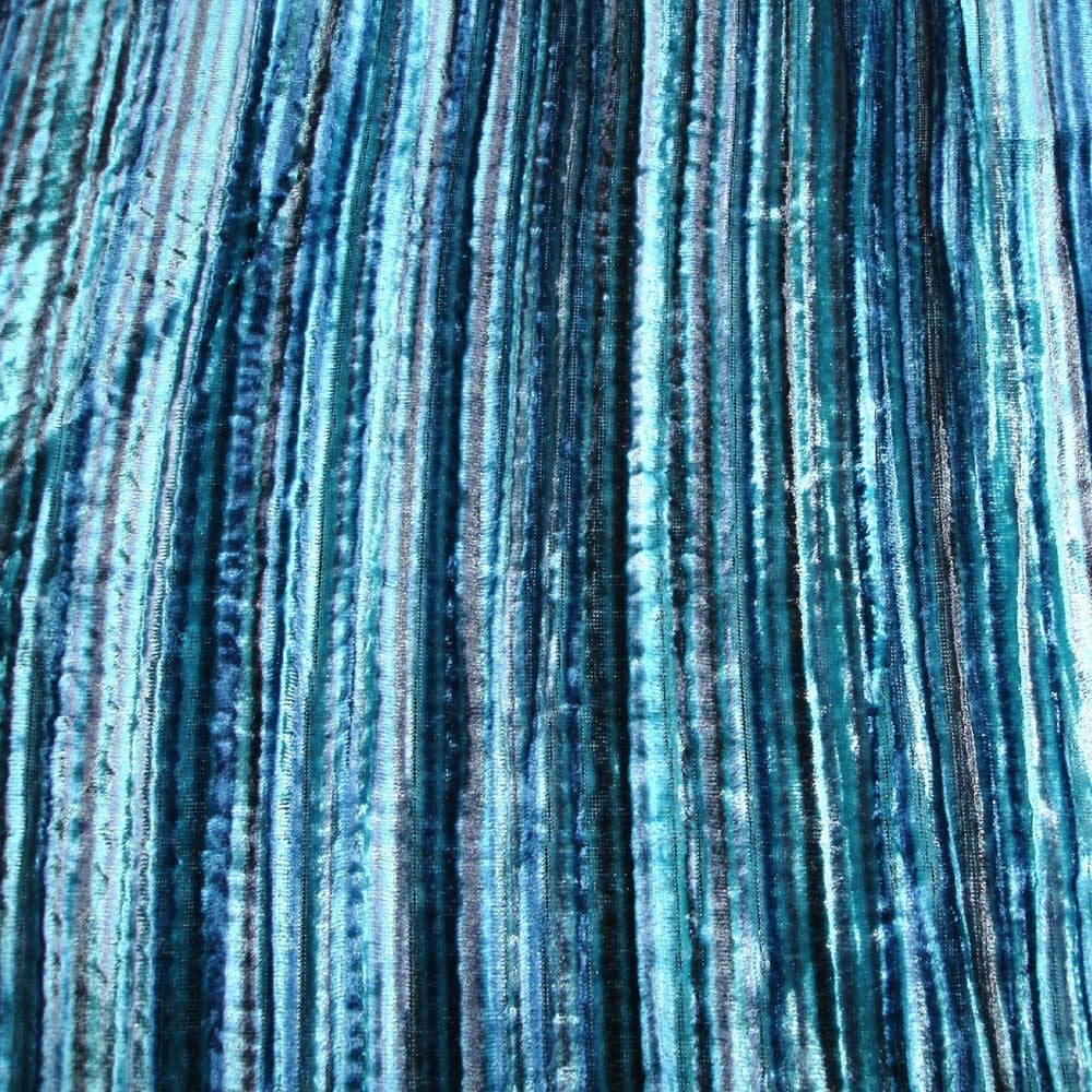 Fabric Mart Direct Aqua tones Velvet Fabric By The Yard, 44 inches or 111 cm width, 18 Continuous Yards Blue Velvet Fabric, Aqua Swirls, Pin Stripes Technique, Upholstery Drapery Curtain Wholesale