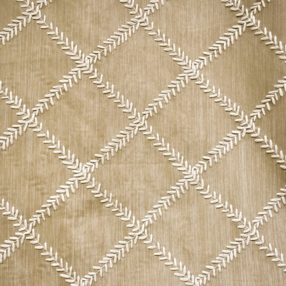 Fabric Mart Direct Beige Leafy Diamond Geometric Fabric By The Yard, 3 Continuous Yards Chain Stitch Embroidery Fabric, Linen Upholstery Fabric, Curtain Fabric, Wholesale Fabric