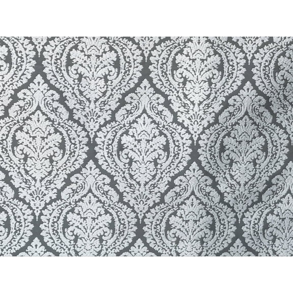 Fabric Mart Direct Gray, White Poly Cotton Fabric By The Yard, 55 inches or 140 cm width, 16 Continuous Yards Gray Cotton Fabric, Damask, Upholstery Drapery Curtain Wholesale Fabric, Window Treatment