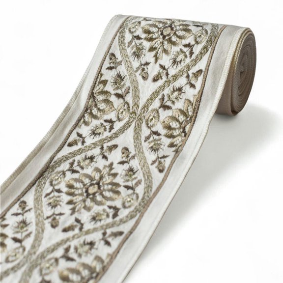 Fabric Mart Direct Ivory & Beige Floral Bloom Embroidered Designer Fabric Ribbon by the Yard, Zari & Thread Border Curtain Tape, Upholstery Lace For Table Cloth, 5 Inch (127 mm) Velvet Drapery Trim